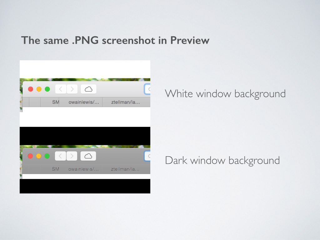 screenshot showing that in Preview.app with a black background color, the Safari window appears dark; in Preview.app with a white background, the Safari window appears light